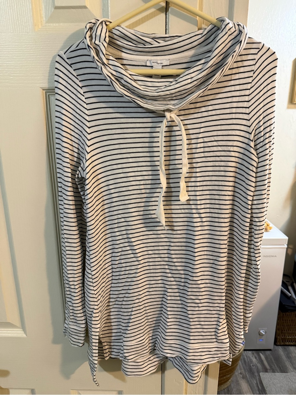 Daily Ritual White and Black Striped Cowl-Neck Long Sleeve Top